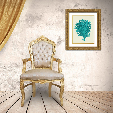 Corals Turquoise On Cream d Gold Ornate Wood Framed Art Print with Double Matting by Fab Funky