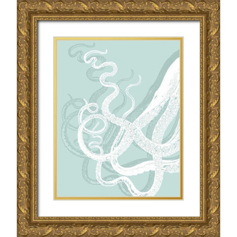 Octopus Tentacles White on Seafoam Gold Ornate Wood Framed Art Print with Double Matting by Fab Funky