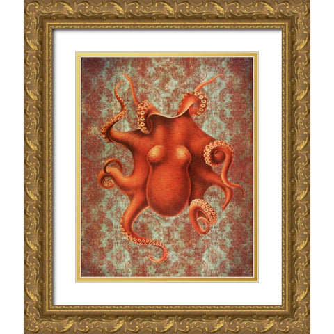Octopus 4 Red Damask Gold Ornate Wood Framed Art Print with Double Matting by Fab Funky