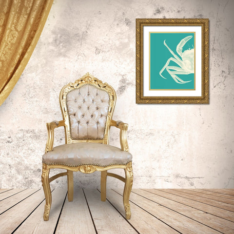 Contrasting Crab in Turquoise b Gold Ornate Wood Framed Art Print with Double Matting by Fab Funky