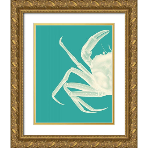 Contrasting Crab in Turquoise b Gold Ornate Wood Framed Art Print with Double Matting by Fab Funky