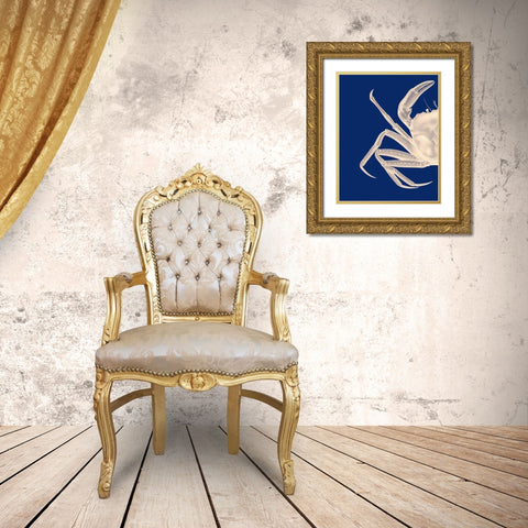 Contrasting Crab in Navy Blue a Gold Ornate Wood Framed Art Print with Double Matting by Fab Funky
