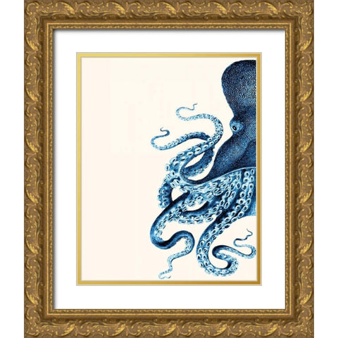 Octopus Navy Blue and Cream a Gold Ornate Wood Framed Art Print with Double Matting by Fab Funky