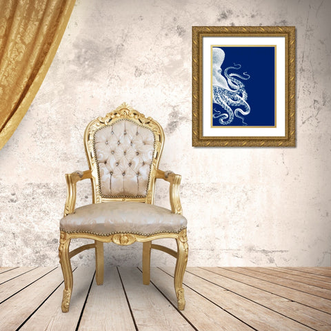 Octopus Navy Blue and Cream b Gold Ornate Wood Framed Art Print with Double Matting by Fab Funky