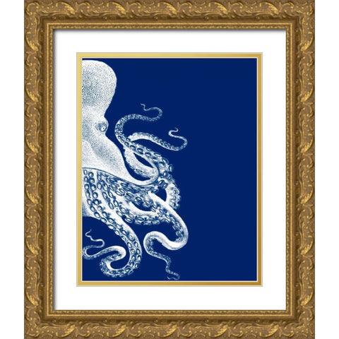 Octopus Navy Blue and Cream b Gold Ornate Wood Framed Art Print with Double Matting by Fab Funky