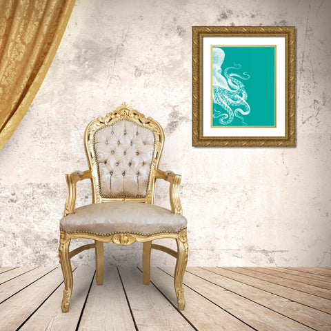 Octopus Green and Cream b Gold Ornate Wood Framed Art Print with Double Matting by Fab Funky