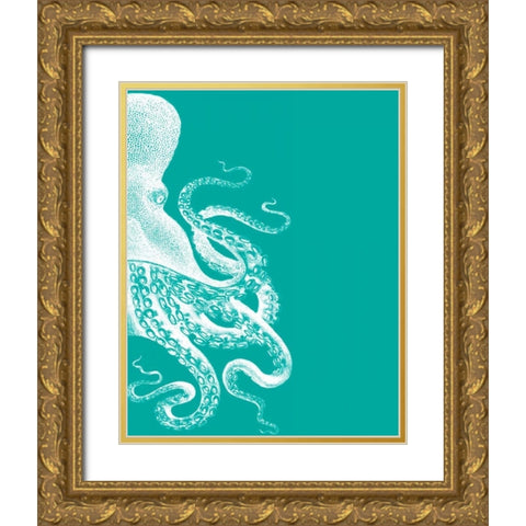 Octopus Green and Cream b Gold Ornate Wood Framed Art Print with Double Matting by Fab Funky
