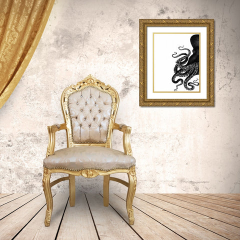 Octopus Black and White a Gold Ornate Wood Framed Art Print with Double Matting by Fab Funky