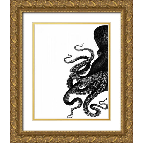 Octopus Black and White a Gold Ornate Wood Framed Art Print with Double Matting by Fab Funky