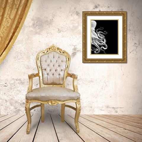Octopus Black and White b Gold Ornate Wood Framed Art Print with Double Matting by Fab Funky