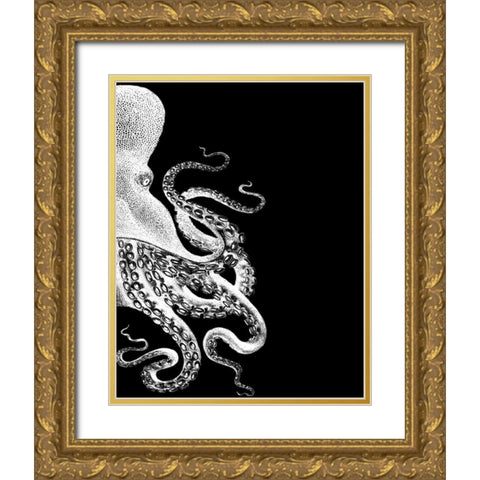 Octopus Black and White b Gold Ornate Wood Framed Art Print with Double Matting by Fab Funky