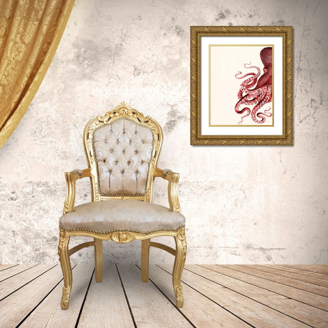Octopus Red and White a Gold Ornate Wood Framed Art Print with Double Matting by Fab Funky