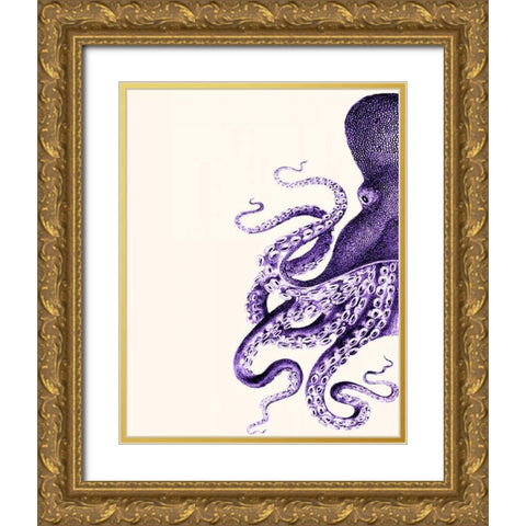 Octopus Purple and Cream a Gold Ornate Wood Framed Art Print with Double Matting by Fab Funky