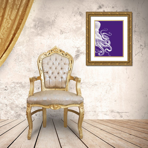 Octopus Purple and Cream b Gold Ornate Wood Framed Art Print with Double Matting by Fab Funky