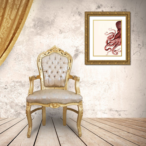 Octopus Coral and Cream a Gold Ornate Wood Framed Art Print with Double Matting by Fab Funky