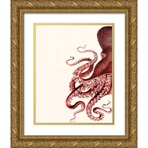 Octopus Coral and Cream a Gold Ornate Wood Framed Art Print with Double Matting by Fab Funky