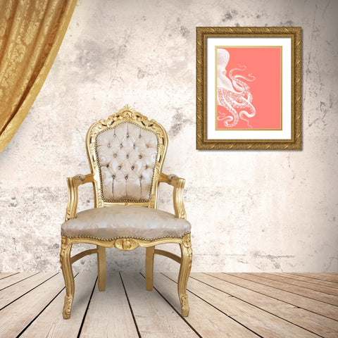 Octopus Coral and Cream b Gold Ornate Wood Framed Art Print with Double Matting by Fab Funky