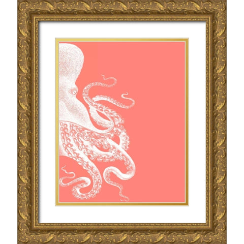 Octopus Coral and Cream b Gold Ornate Wood Framed Art Print with Double Matting by Fab Funky