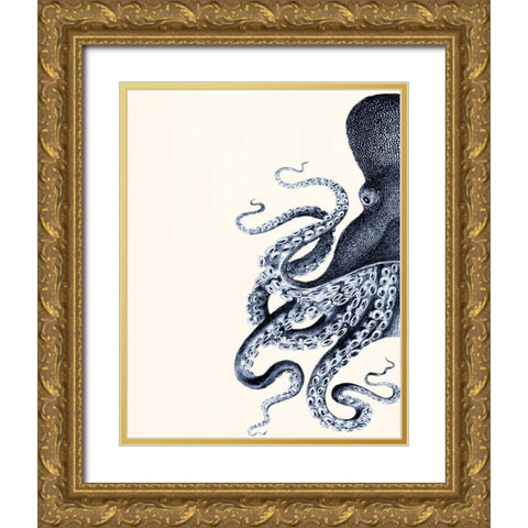 Octopus Indigo Blue and Cream A Gold Ornate Wood Framed Art Print with Double Matting by Fab Funky