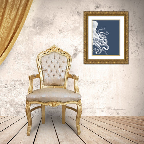 Octopus Indigo Blue and Cream B Gold Ornate Wood Framed Art Print with Double Matting by Fab Funky
