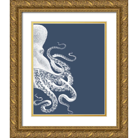 Octopus Indigo Blue and Cream B Gold Ornate Wood Framed Art Print with Double Matting by Fab Funky