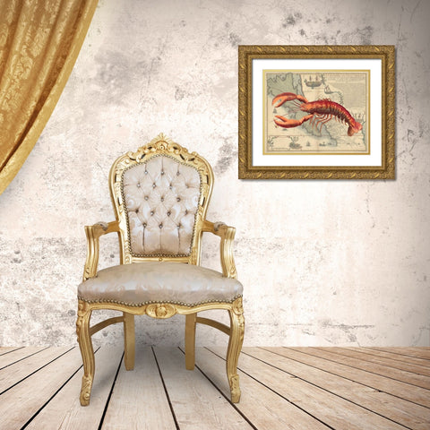 Lobster print on Nautical Map Gold Ornate Wood Framed Art Print with Double Matting by Fab Funky