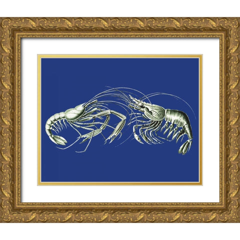 Shrimps On Blue Gold Ornate Wood Framed Art Print with Double Matting by Fab Funky