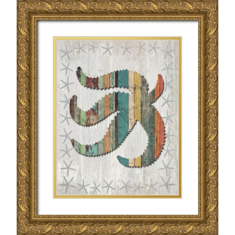 Distressed Wood Style Starfish 2 Gold Ornate Wood Framed Art Print with Double Matting by Fab Funky