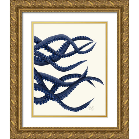 Giant Octopus Blue Triptych c Gold Ornate Wood Framed Art Print with Double Matting by Fab Funky