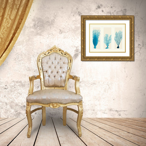 Blue Corals on 3 Panels Gold Ornate Wood Framed Art Print with Double Matting by Fab Funky