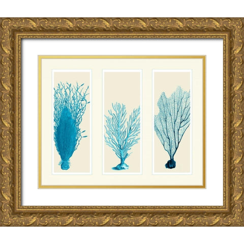 Blue Corals on 3 Panels Gold Ornate Wood Framed Art Print with Double Matting by Fab Funky