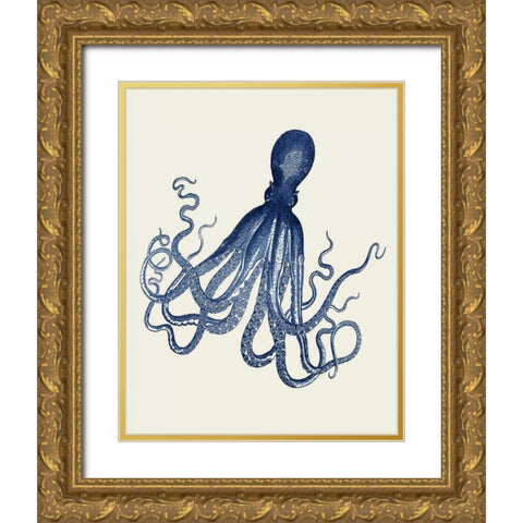 Blue Octopus on Cream e Gold Ornate Wood Framed Art Print with Double Matting by Fab Funky