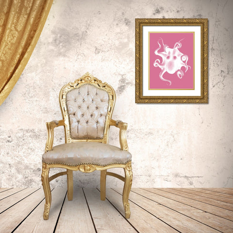 Octopus White on Pink c Gold Ornate Wood Framed Art Print with Double Matting by Fab Funky