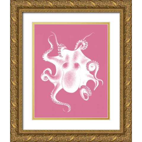 Octopus White on Pink c Gold Ornate Wood Framed Art Print with Double Matting by Fab Funky