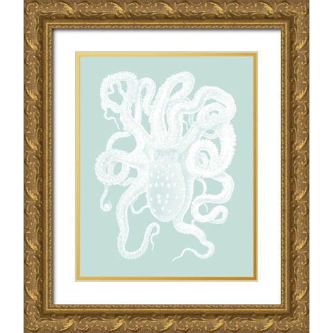 White Octopus on Seafoam a Gold Ornate Wood Framed Art Print with Double Matting by Fab Funky