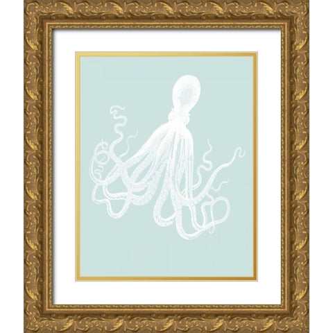 White Octopus on Seafoam e Gold Ornate Wood Framed Art Print with Double Matting by Fab Funky