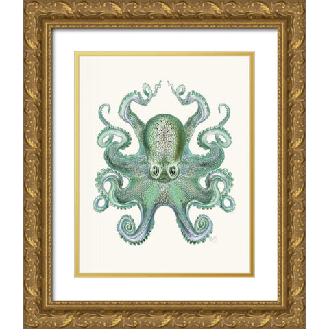 Turquoise Octopus and Squid a Gold Ornate Wood Framed Art Print with Double Matting by Fab Funky