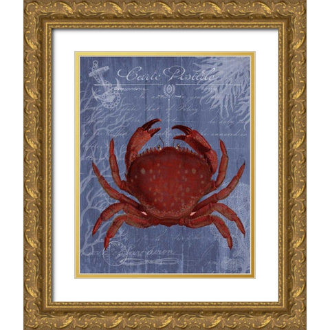 Seaside Postcard Red on Blue f Gold Ornate Wood Framed Art Print with Double Matting by Fab Funky