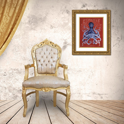 Octopus Prohibition Octopus On Red Gold Ornate Wood Framed Art Print with Double Matting by Fab Funky