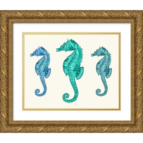 Seahorse Trio Gold Ornate Wood Framed Art Print with Double Matting by Fab Funky