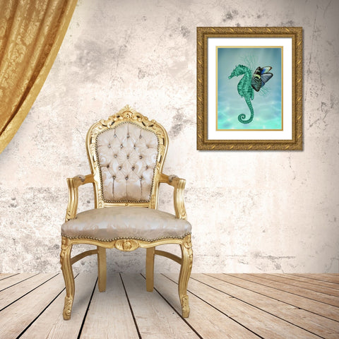 Winged Seahorse Gold Ornate Wood Framed Art Print with Double Matting by Fab Funky