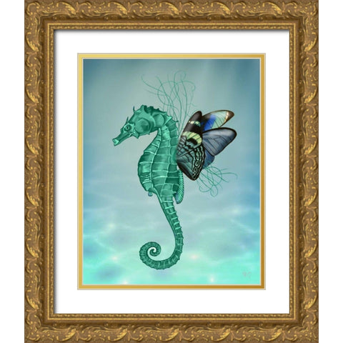 Winged Seahorse Gold Ornate Wood Framed Art Print with Double Matting by Fab Funky