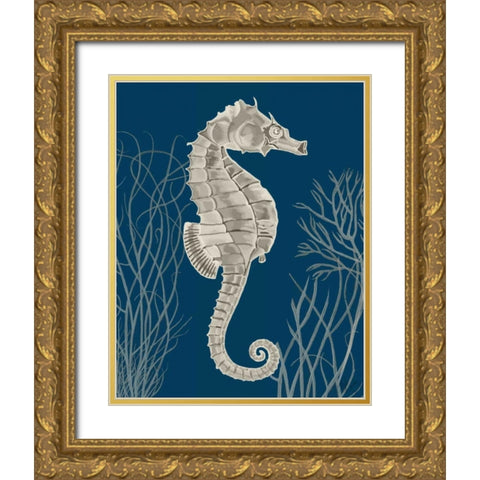 Silver Grey Seahorses on Blue a Gold Ornate Wood Framed Art Print with Double Matting by Fab Funky