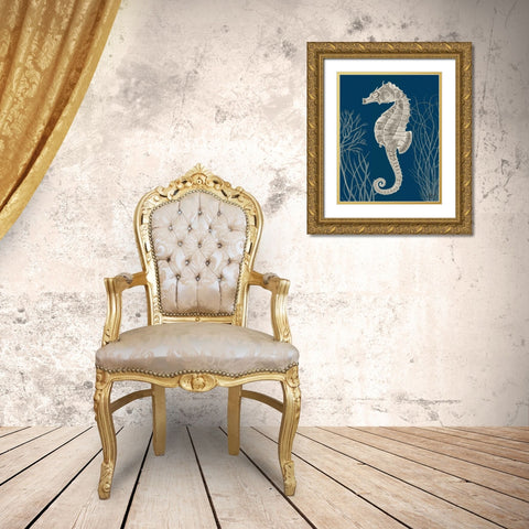 Silver Grey Seahorses on Blueb Gold Ornate Wood Framed Art Print with Double Matting by Fab Funky
