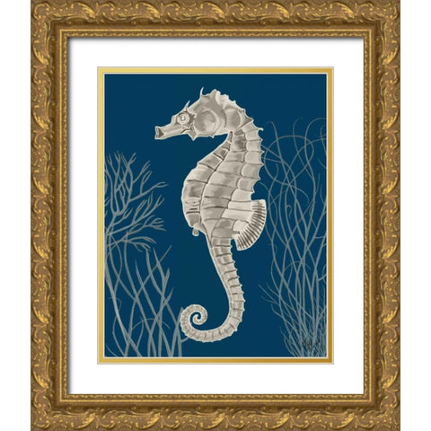 Silver Grey Seahorses on Blueb Gold Ornate Wood Framed Art Print with Double Matting by Fab Funky
