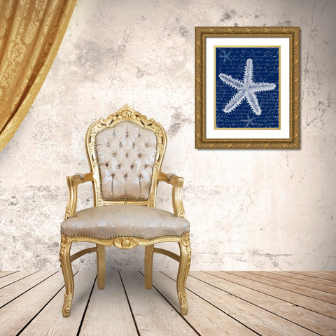 White Starfish on Blue b Gold Ornate Wood Framed Art Print with Double Matting by Fab Funky