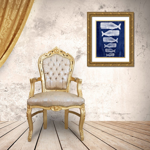 Whale Family White On Blue Gold Ornate Wood Framed Art Print with Double Matting by Fab Funky
