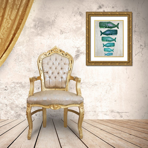 Whale Family Green on White Gold Ornate Wood Framed Art Print with Double Matting by Fab Funky