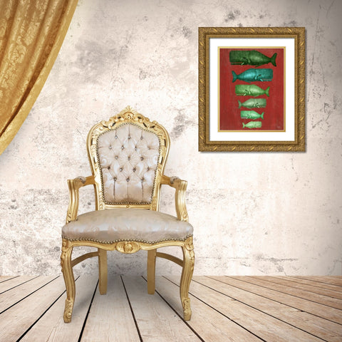 Whale Family Green on Red Gold Ornate Wood Framed Art Print with Double Matting by Fab Funky