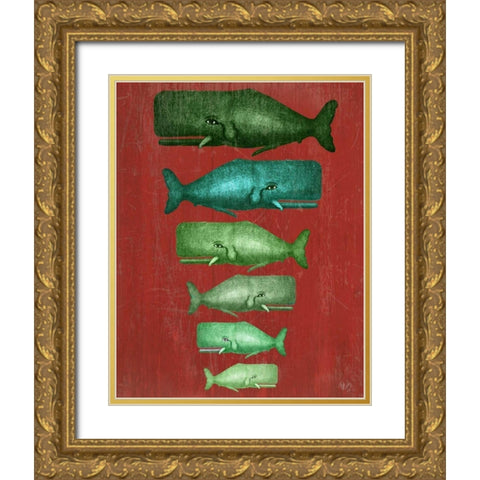 Whale Family Green on Red Gold Ornate Wood Framed Art Print with Double Matting by Fab Funky